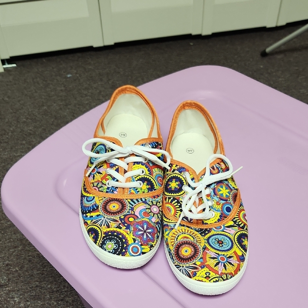 Colorful Patterned Sneakers with Orange Trim